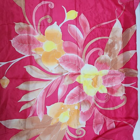 Accessories - Vintage Floral Silk Batik Scarf With Yellow & Pink Flowers 34"